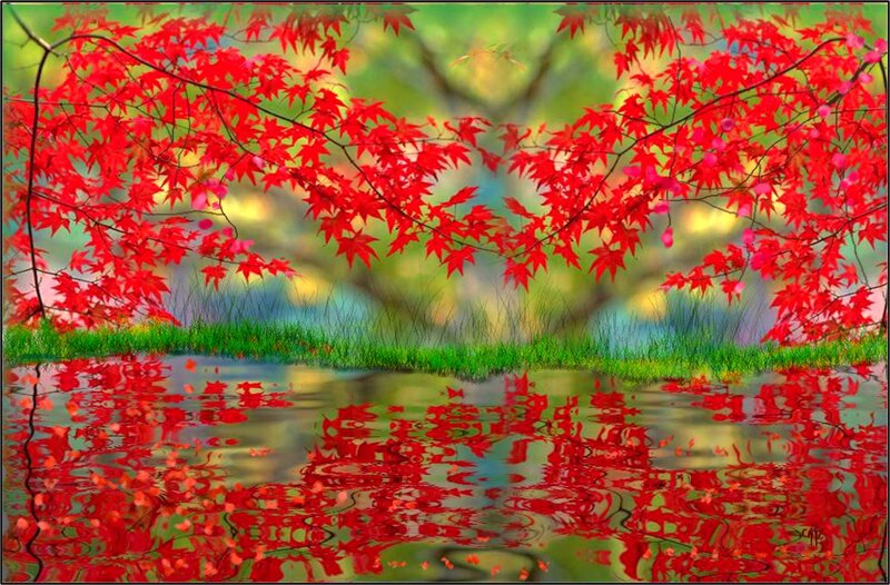Red Maple Leaves — Serene, Autumn, Digital Art, Tree Branches