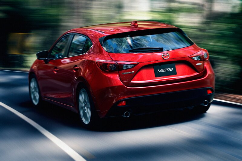 Red Mazda 3 Hatchback — Dynamic, Photograph, Car, Road