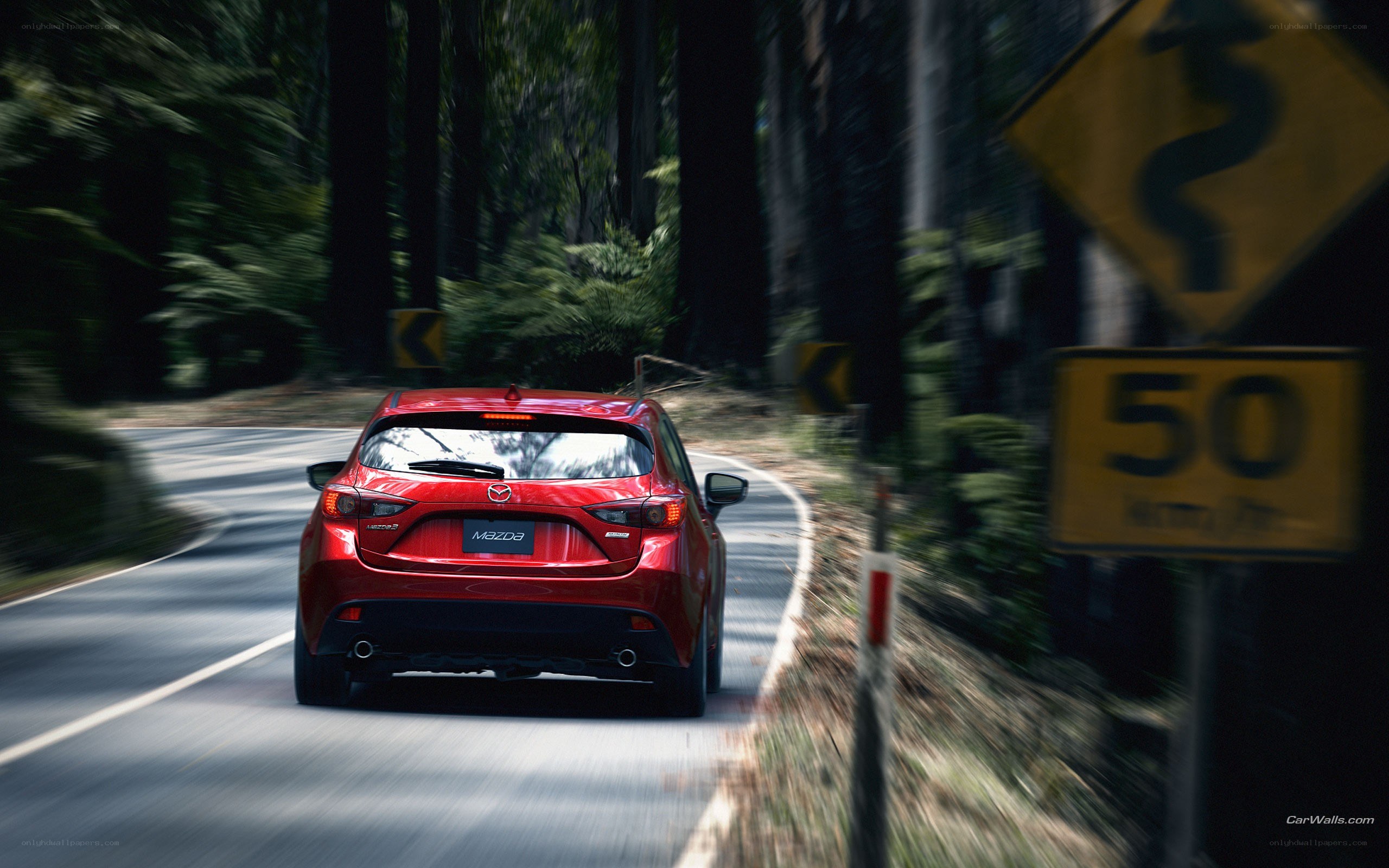 Red Mazda driving on forest road