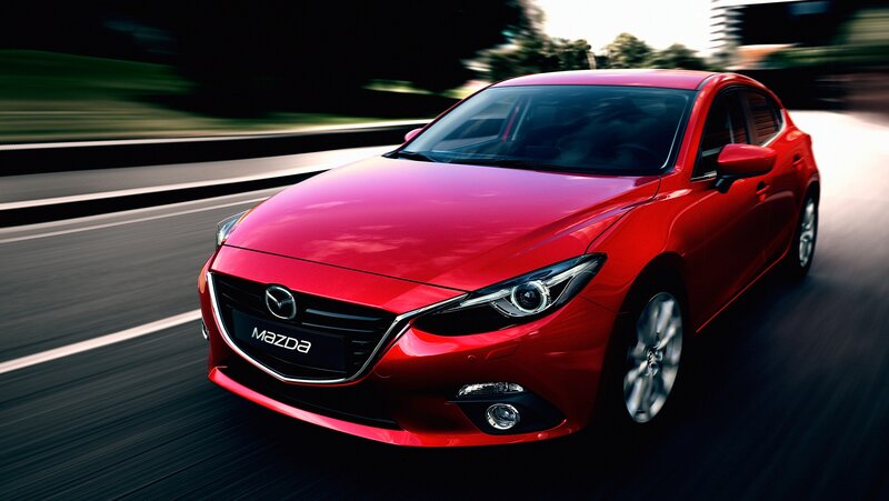 Red Mazda Hatchback — Dynamic, Afternoon, Photograph, Car, Road, Trees, Black