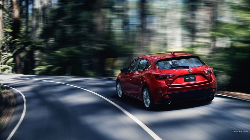 Red Mazda Hatchback — Dynamic, Afternoon, Photograph, Car, Road, Trees