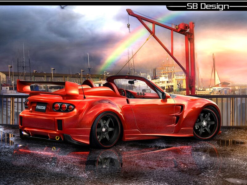 Red Mazda sports car at port