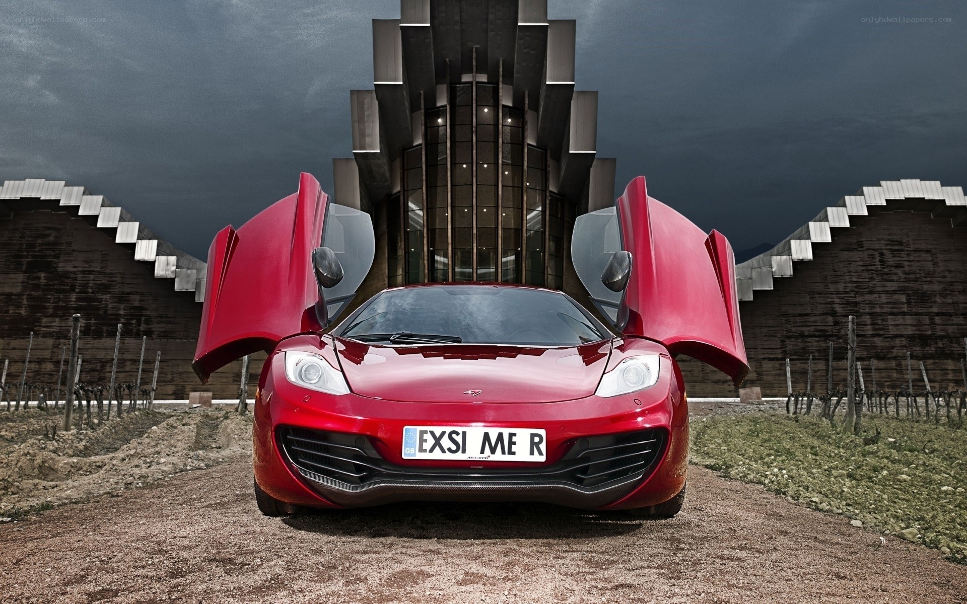 Red McLaren in a vineyard