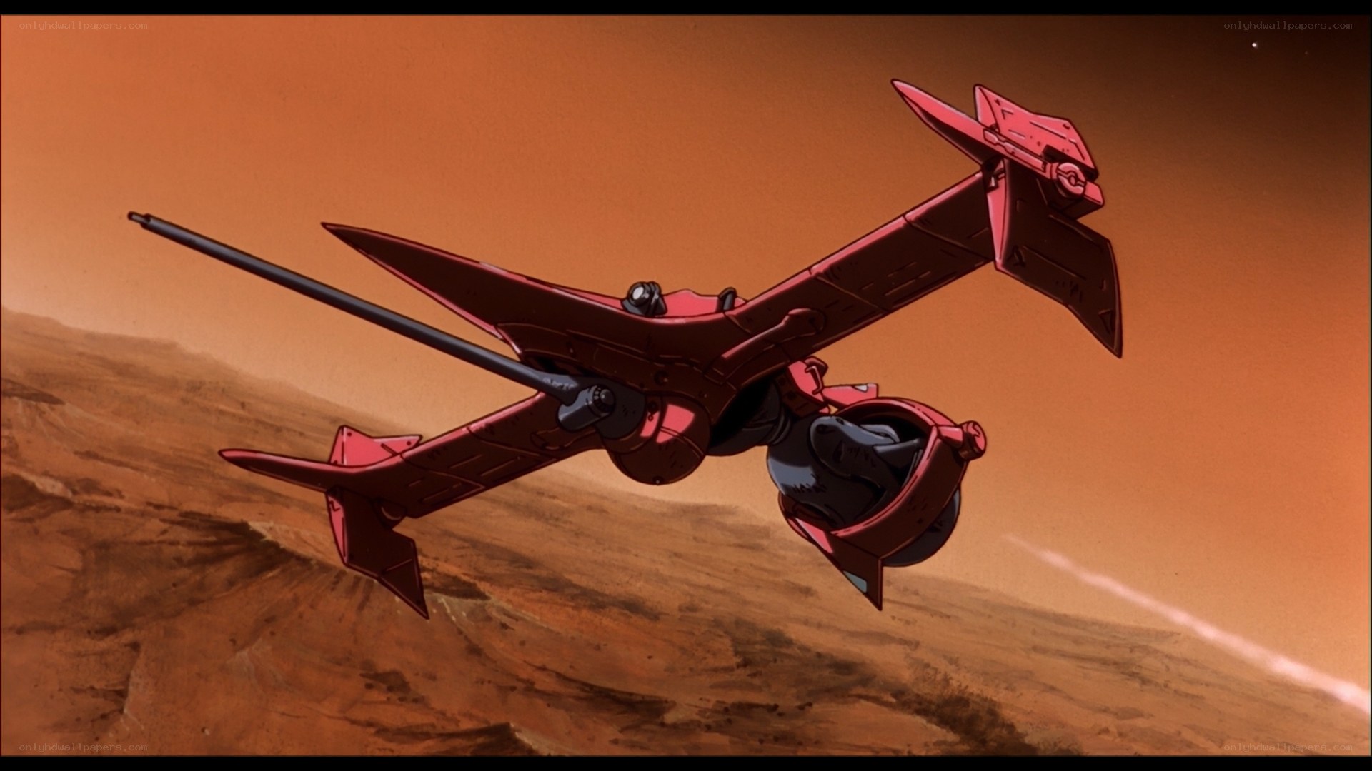 red mecha flying over desert