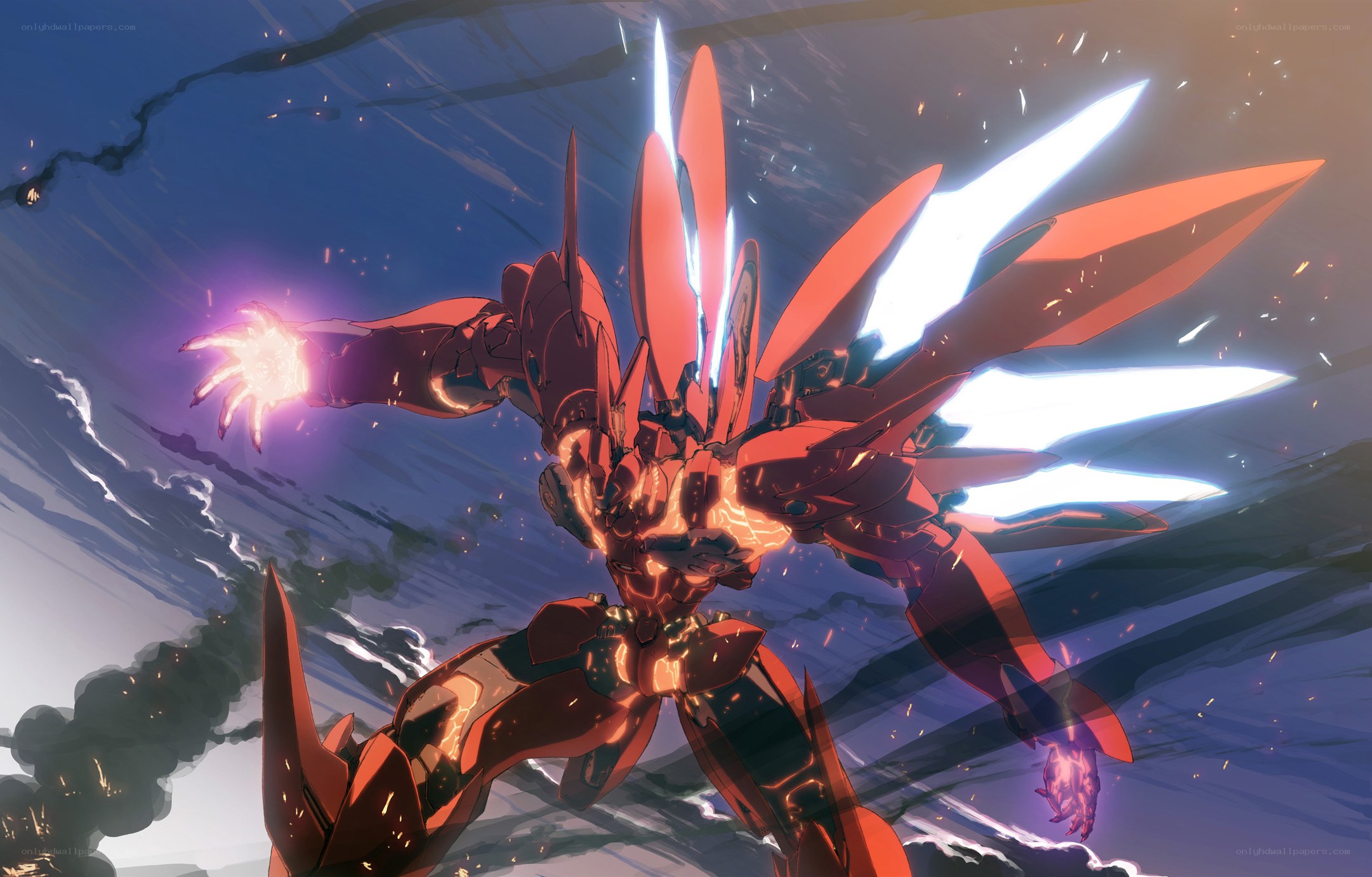Red mecha in battle
