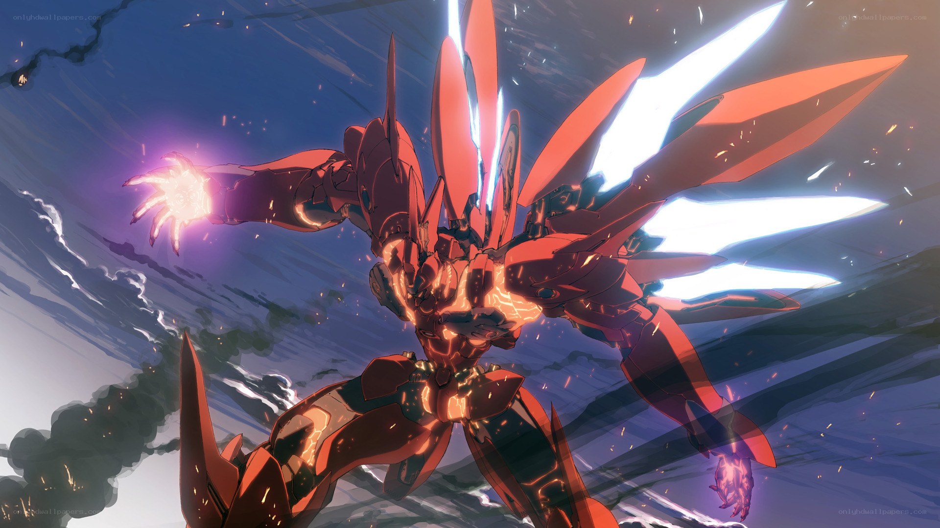 Red mecha in battle