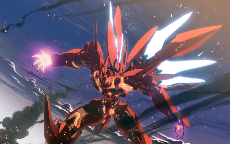 Red mecha in battle