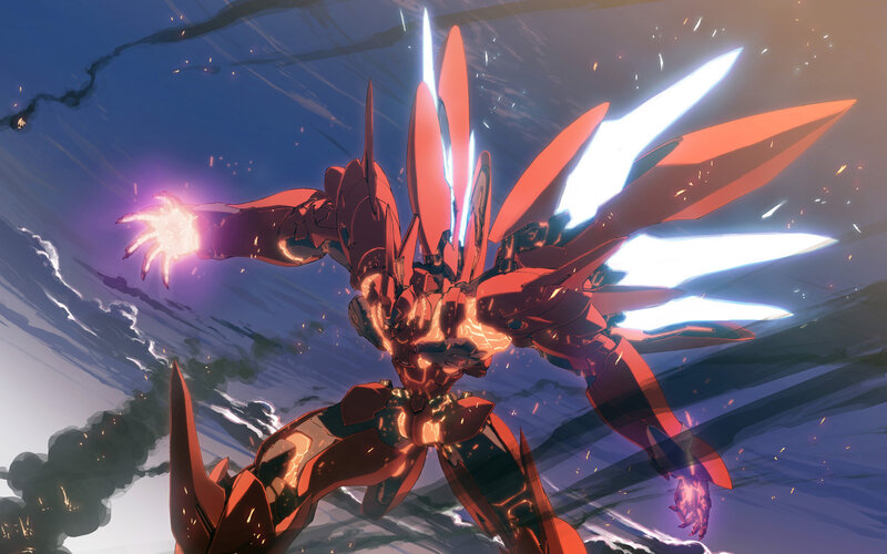 Red mecha in battle
