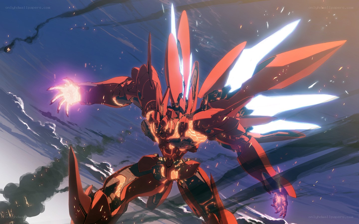 Red mecha in battle