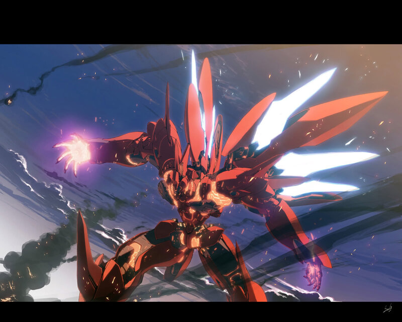 Red mecha in battle