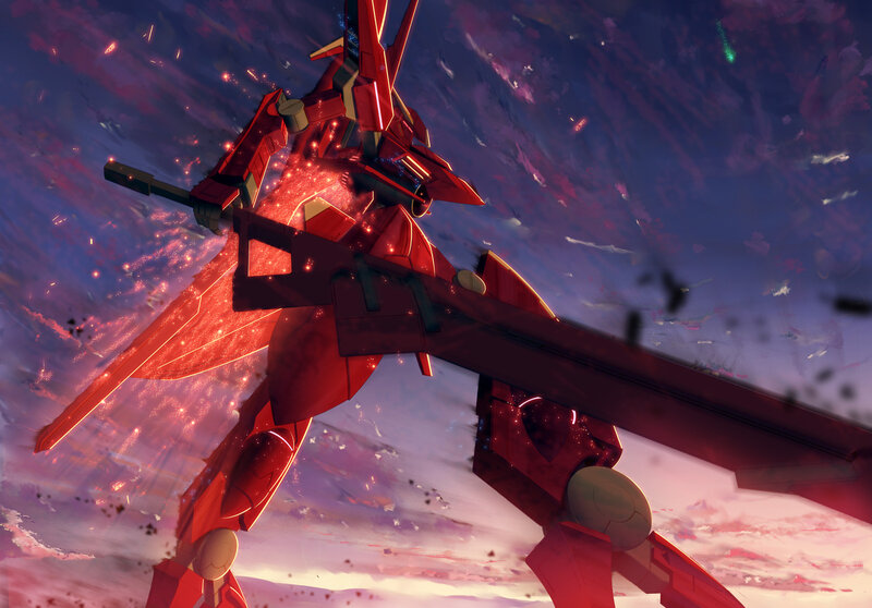 Red mecha in battle