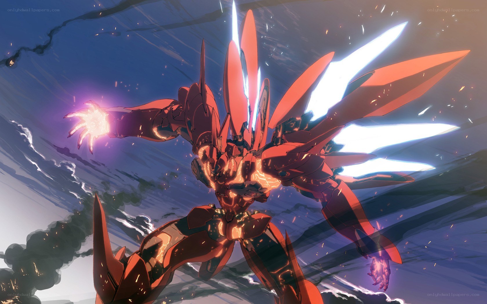 Red mecha in battle stance