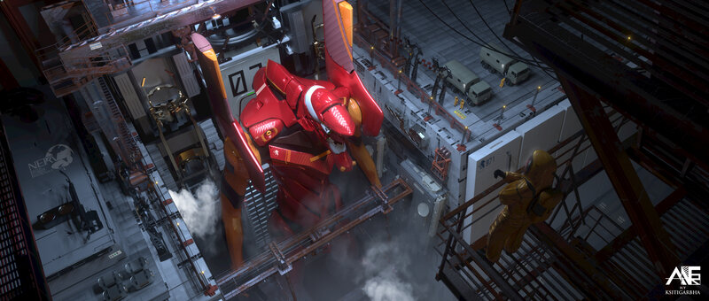 Red Mecha in Hangar