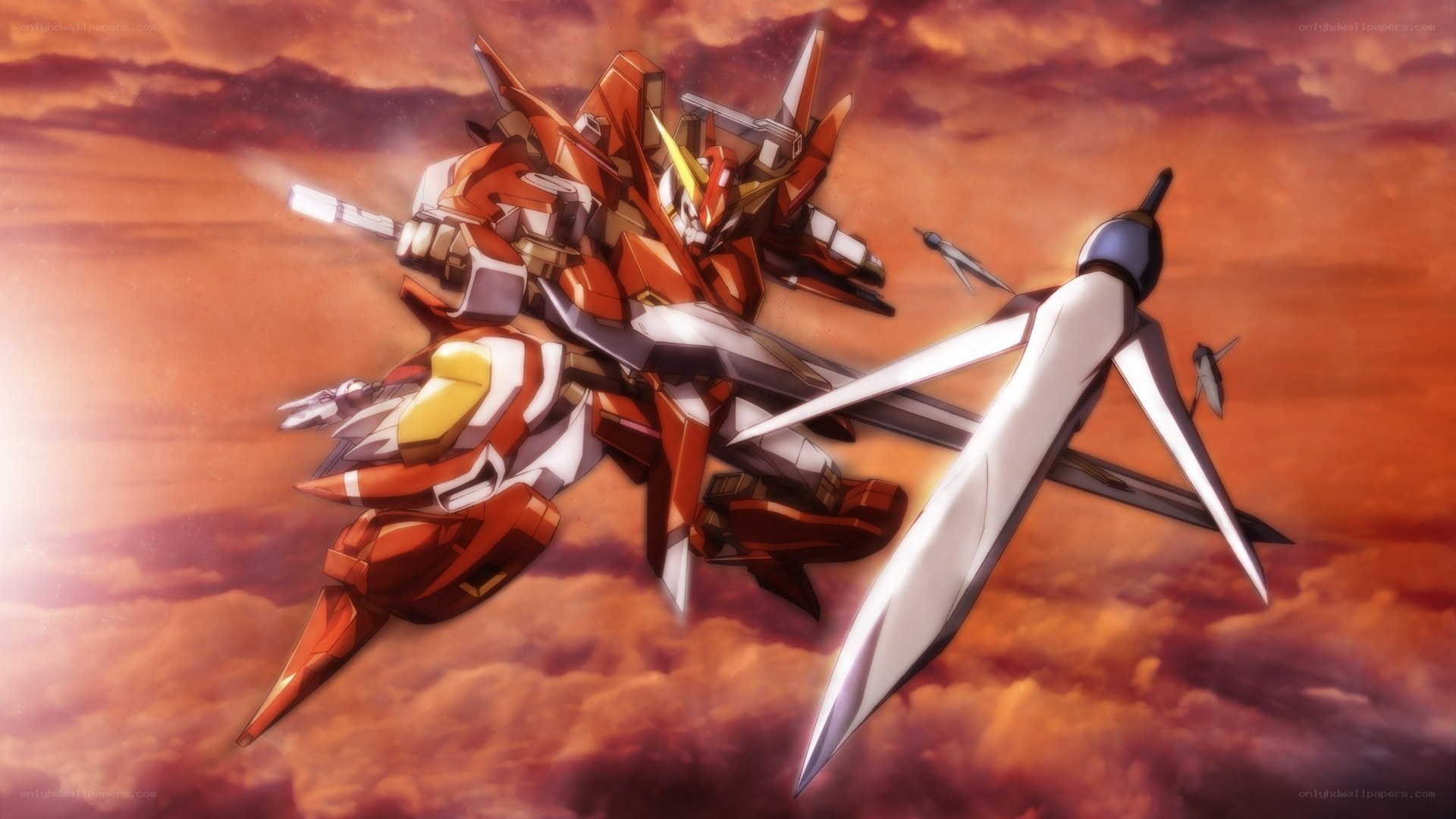 Red mecha in sky battle