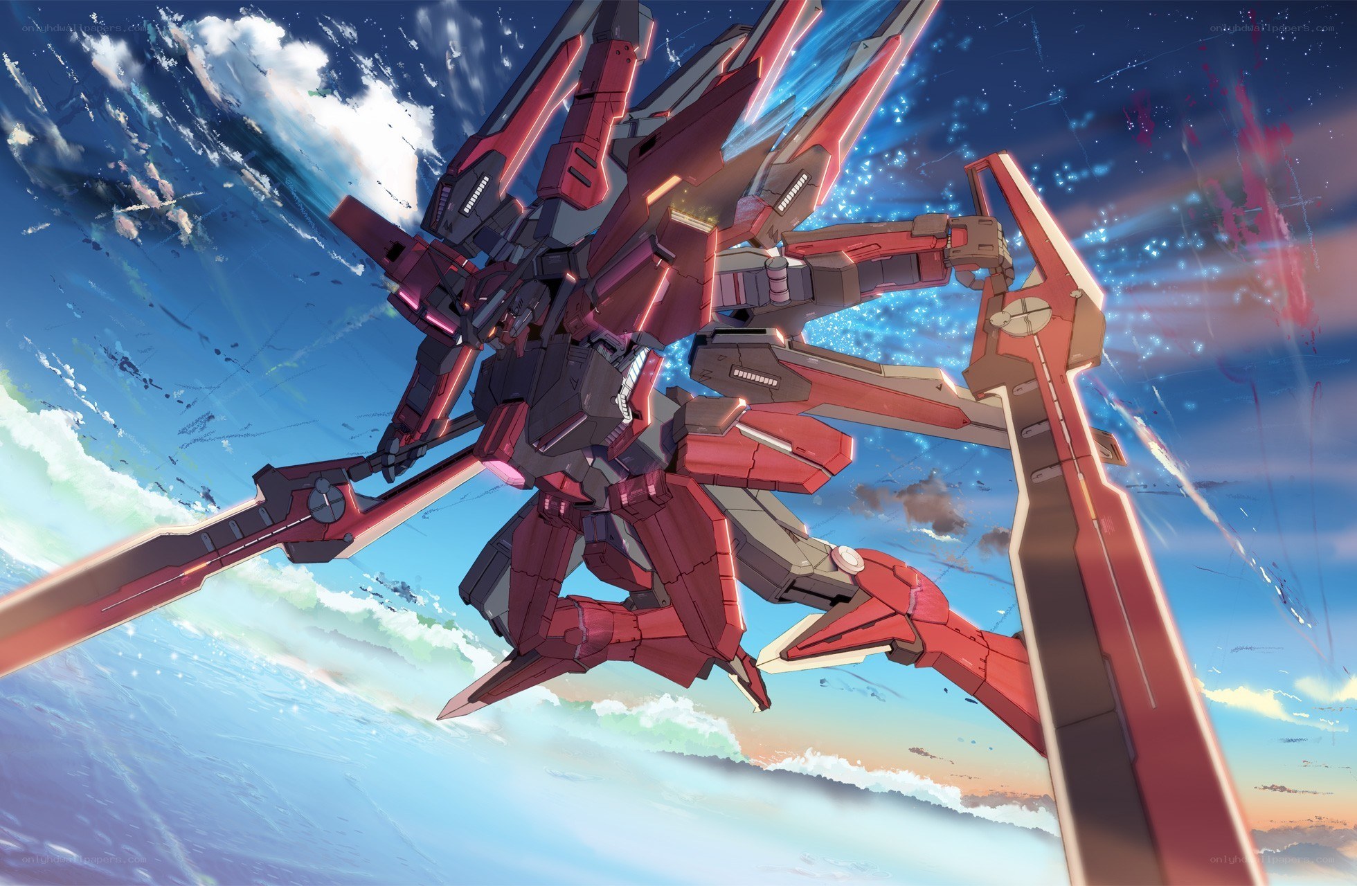 Red mecha in space battle