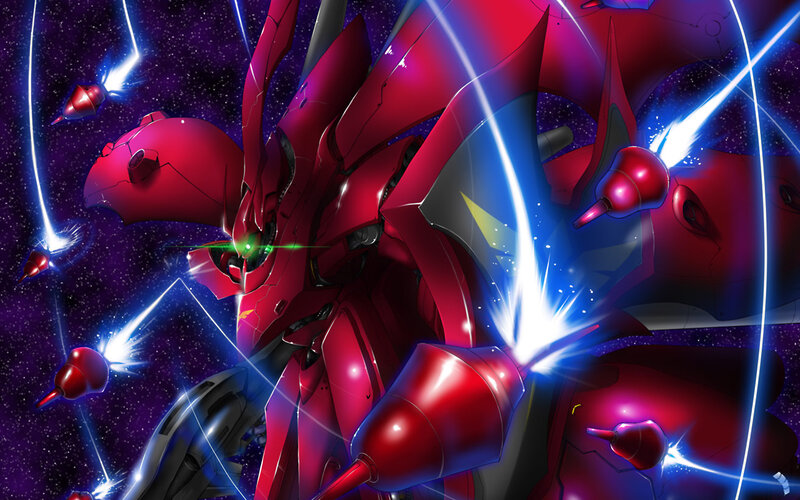 Red mecha in space battle