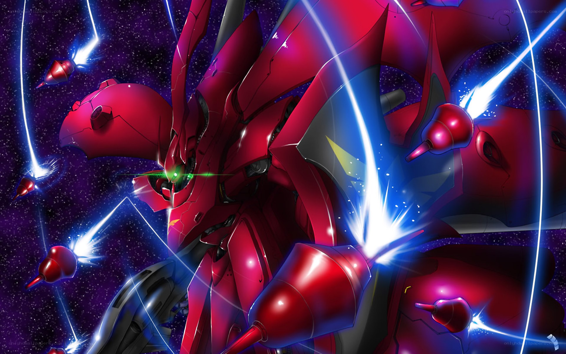 Red mecha in space battle