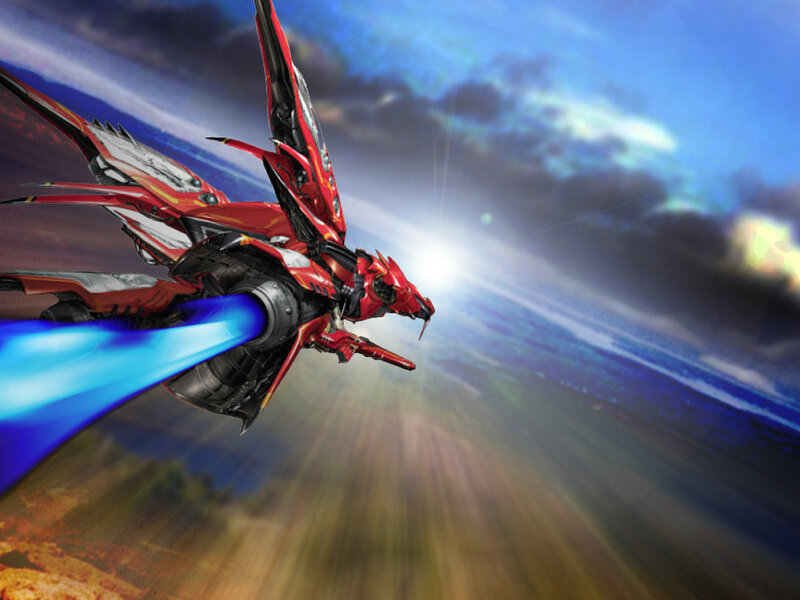 Red mecha jet flying fast