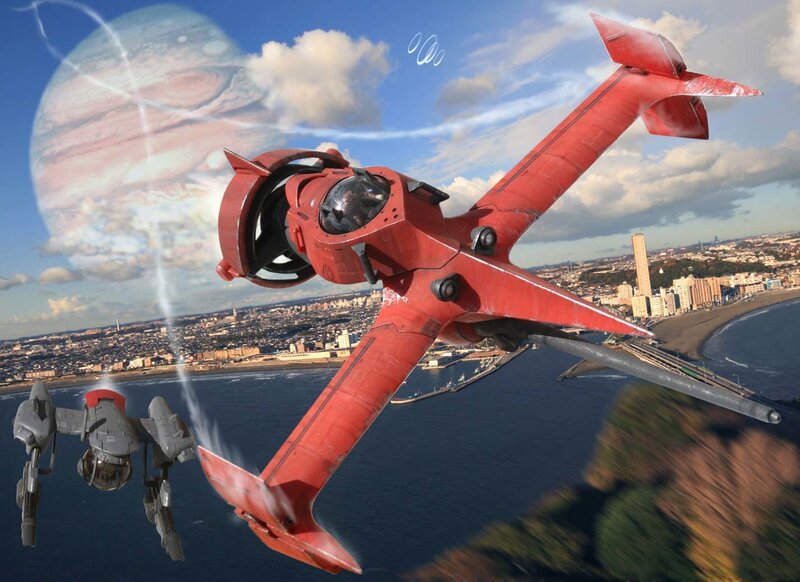 Red mecha jet over city