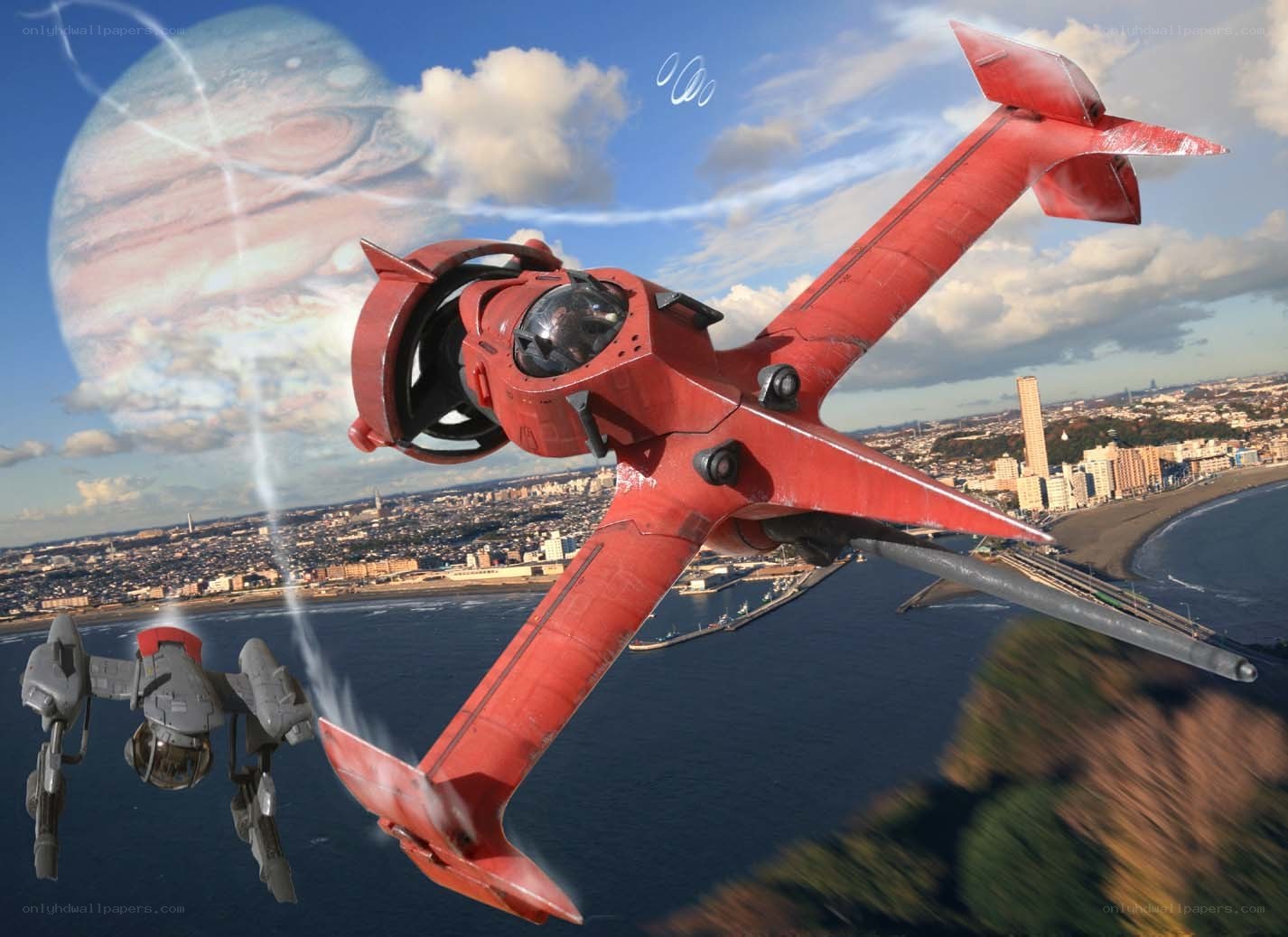 Red mecha jet over city