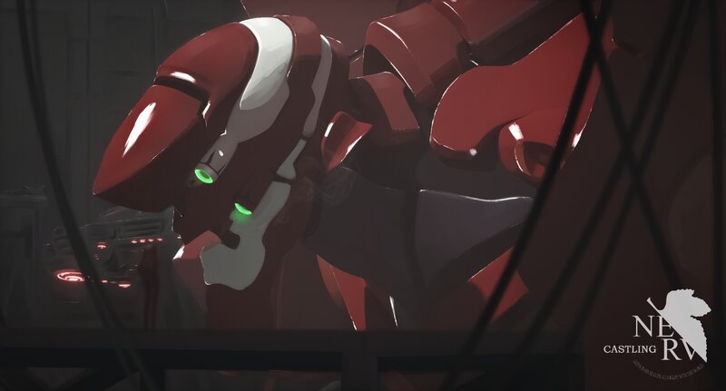 Red Mecha Robot — Dramatic, Digital Art, Green Lights