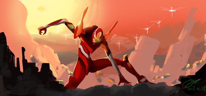 Red Mecha Robot — Dramatic, Sunset, Digital Art