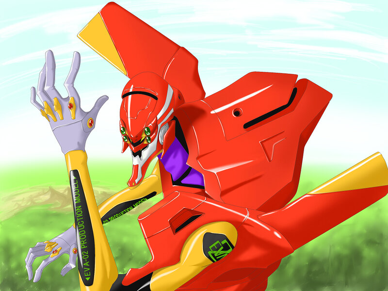 Red mecha robot in field
