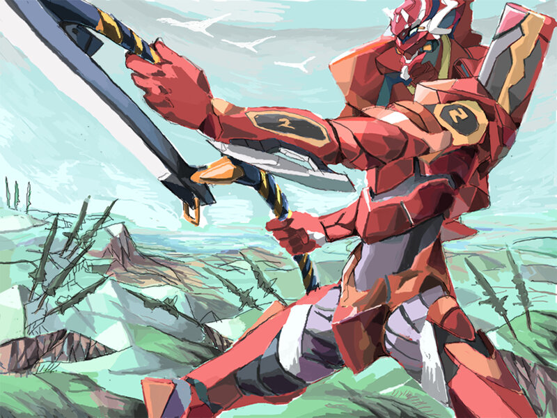 Red mecha wielding a sword