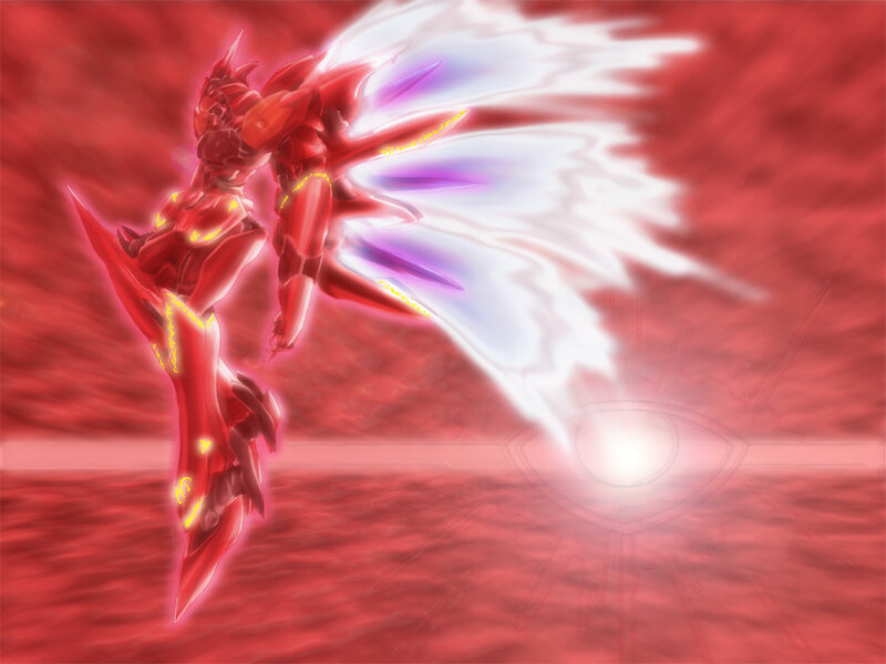 red mecha with glowing wings