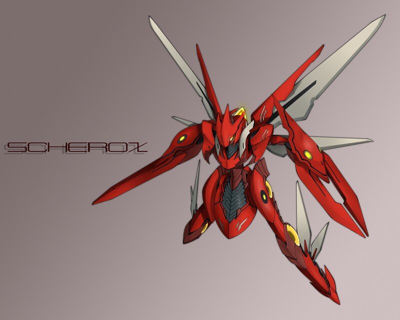 Red mecha with swords