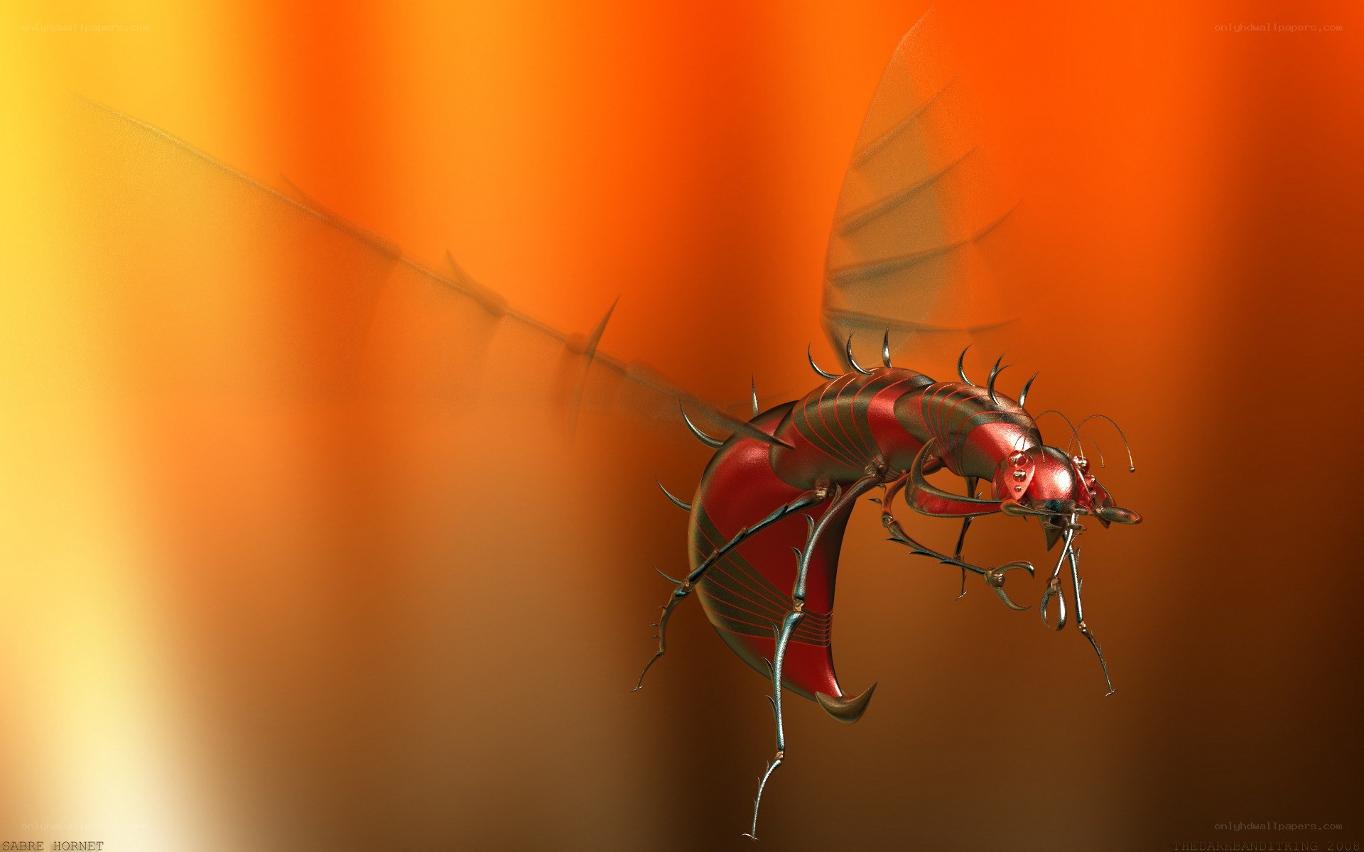 Red mechanical hornet in flight