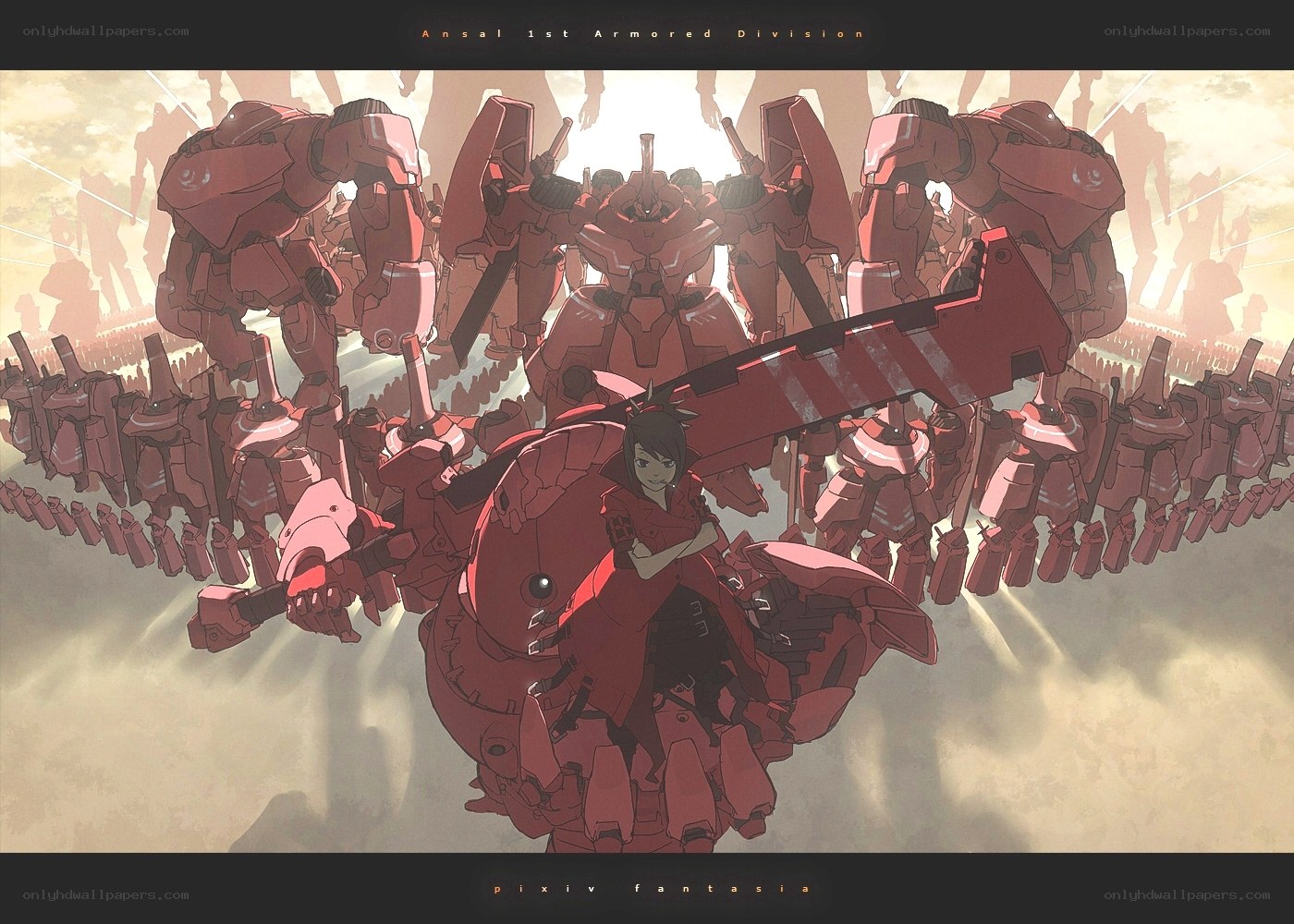 Red mechs and pilot in formation