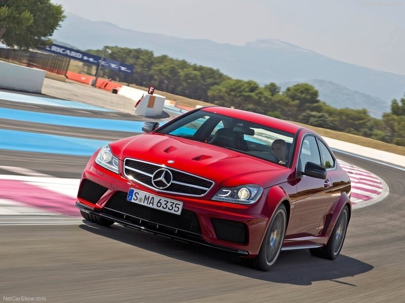 Red Mercedes-AMG C63 on a racetrack