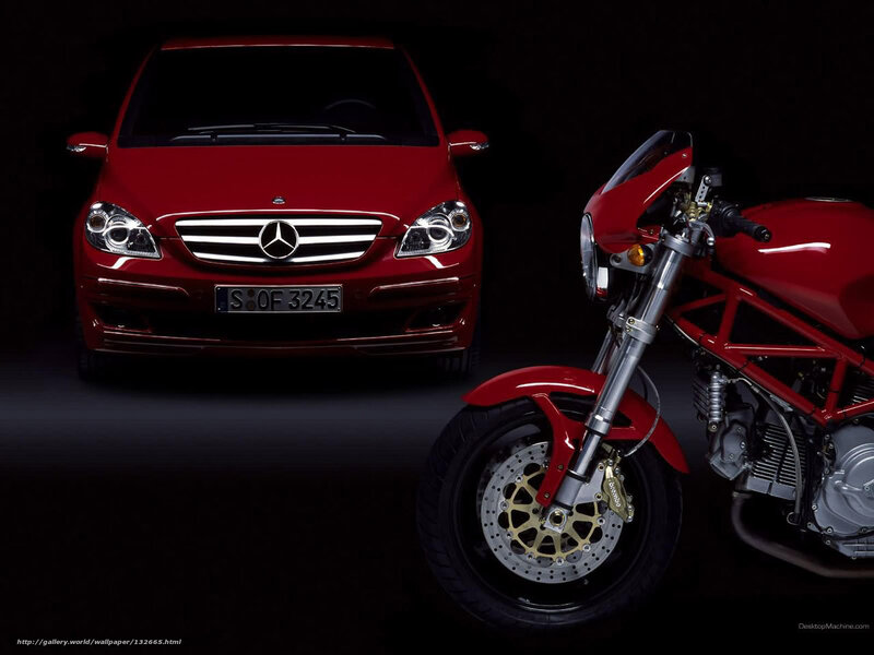 Red Mercedes and Ducati motorcycle