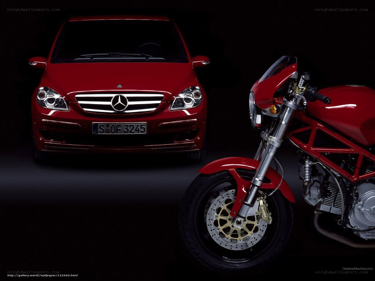 Red Mercedes and Ducati motorcycle