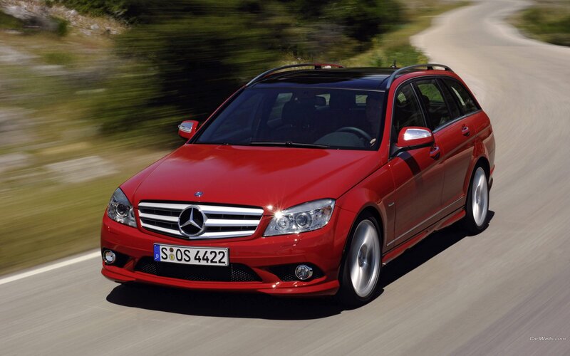 red mercedes-benz c-class station wagon