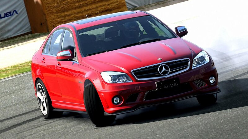 Red Mercedes-Benz C63 AMG on track