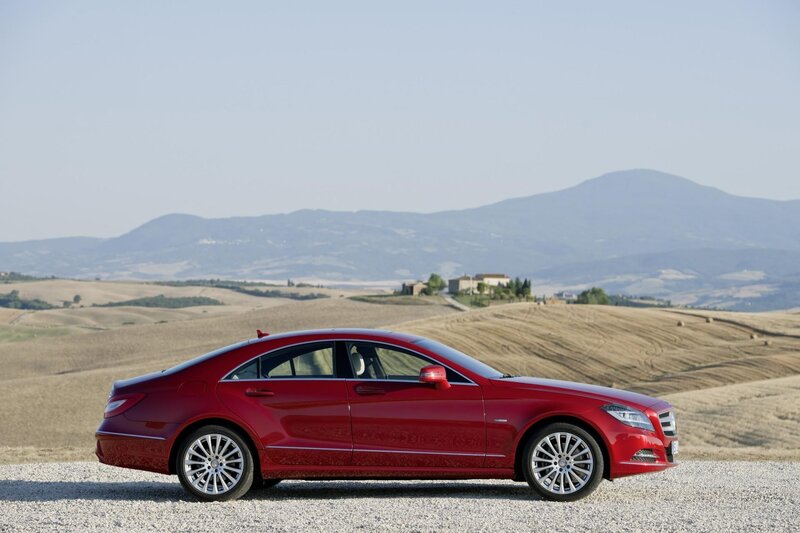 Red Mercedes-Benz CLS in Tuscany