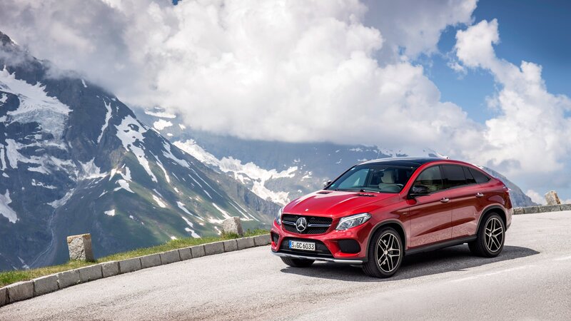 Red Mercedes-Benz GLE Coupe on mountain road