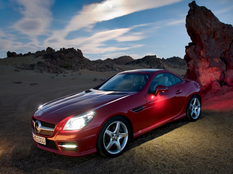 Red Mercedes-Benz SLK in desert