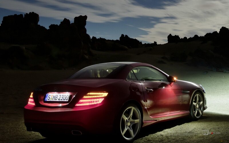 Red Mercedes-Benz SLK parked at night