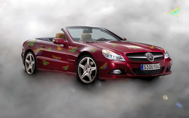Red Mercedes-Benz SLK with butterflies