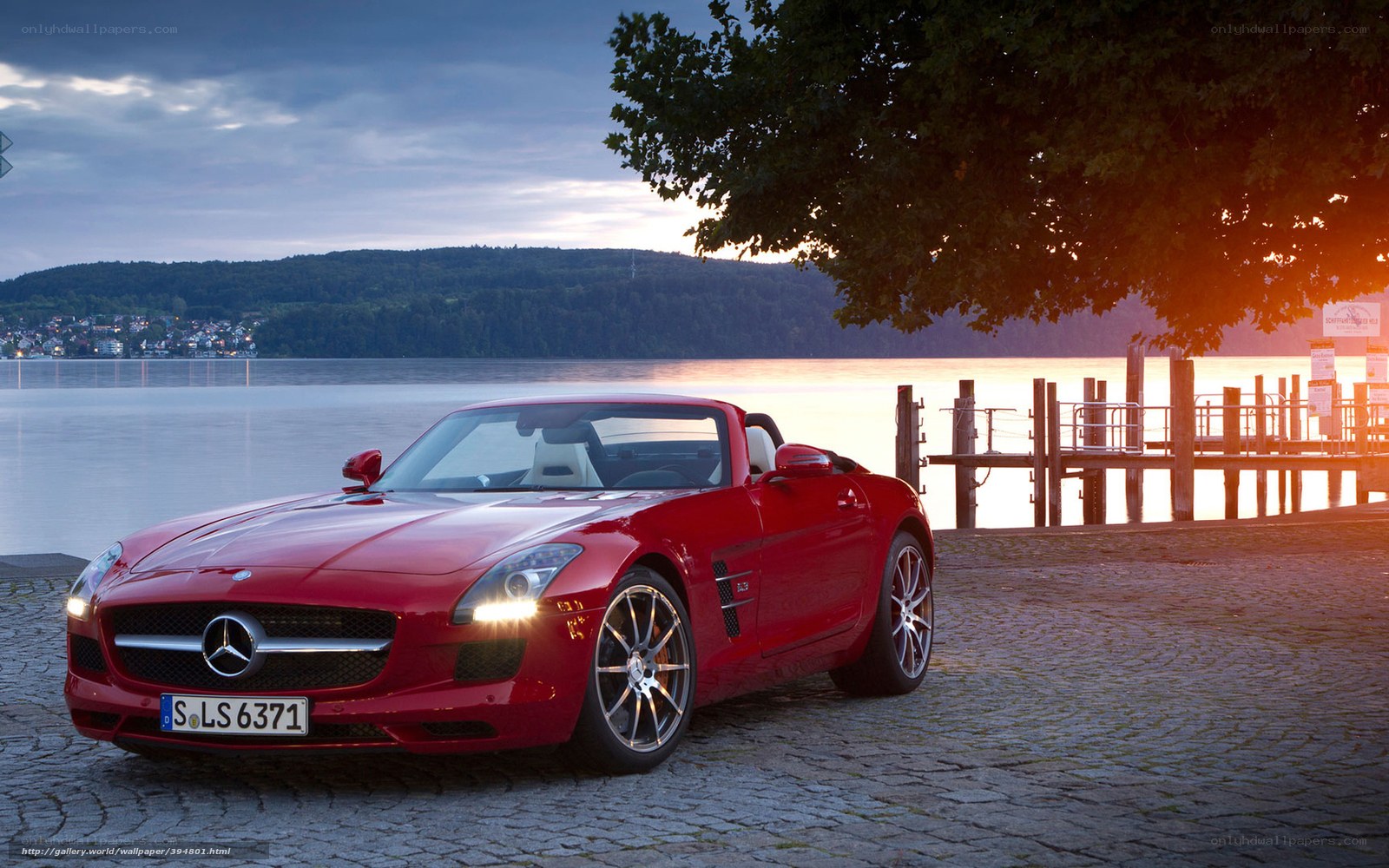 Red Mercedes-Benz SLS AMG by a lake