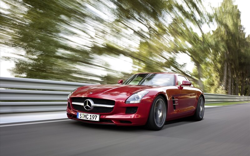 Red Mercedes-Benz SLS AMG in motion