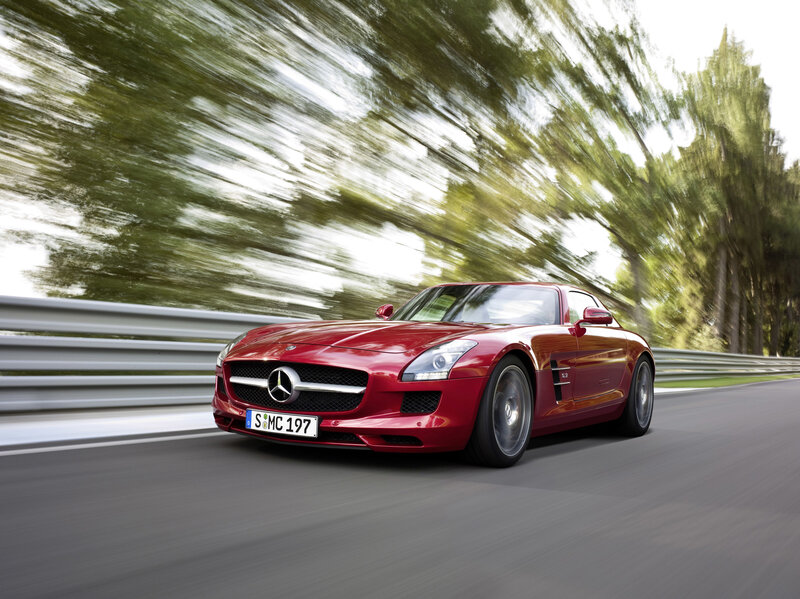 Red Mercedes-Benz SLS AMG in motion