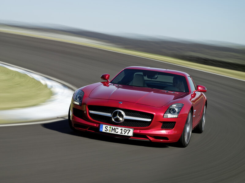 Red Mercedes-Benz SLS AMG on track