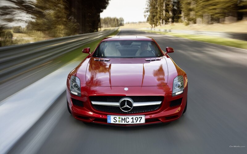 Red Mercedes-Benz SLS AMG on track