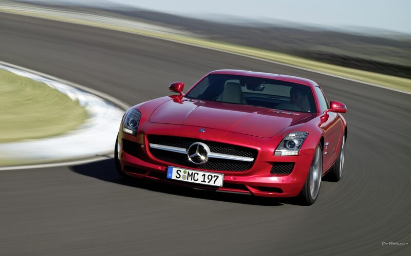 Red Mercedes-Benz SLS AMG on track