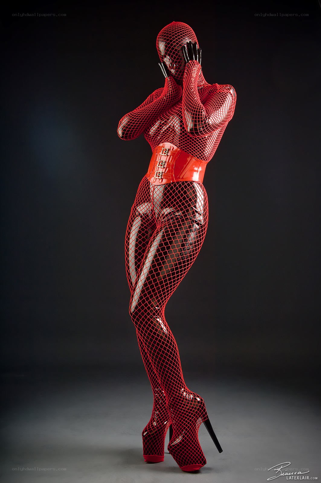 Red mesh bodysuit model