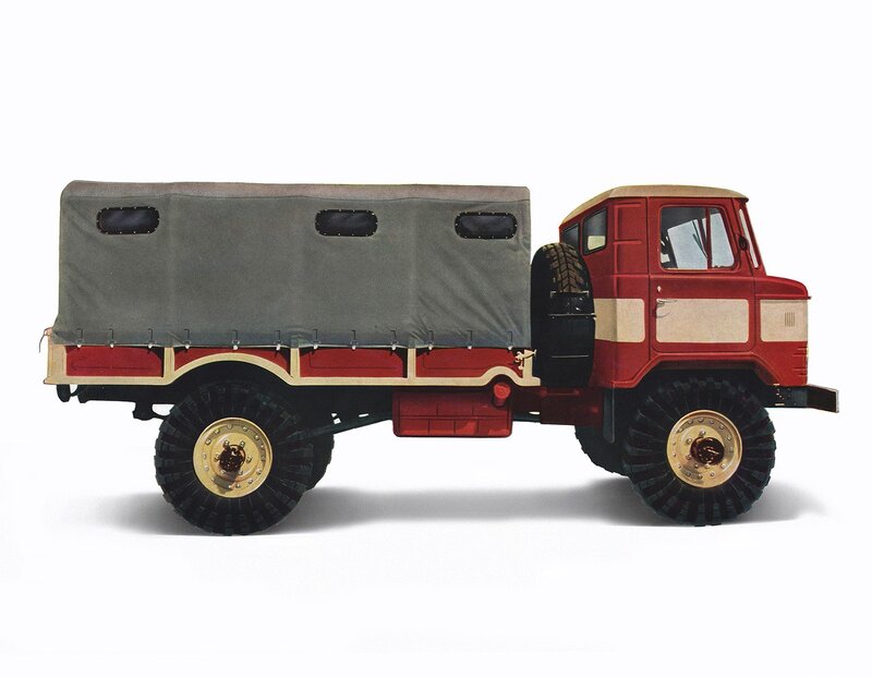 Red military truck with canvas cover